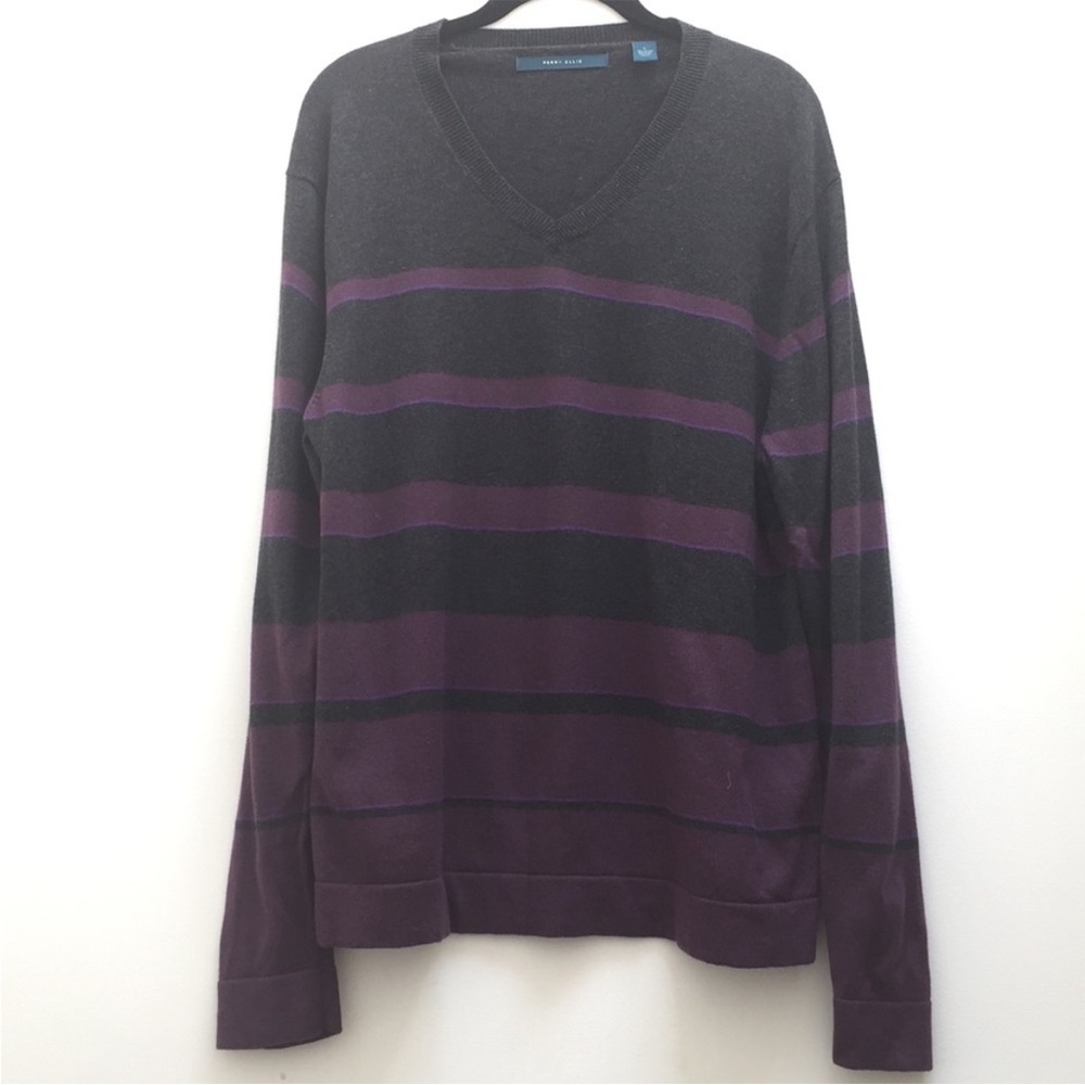 Perry Ellis Men's V-Neck Sweater - Purple and Black Stripes